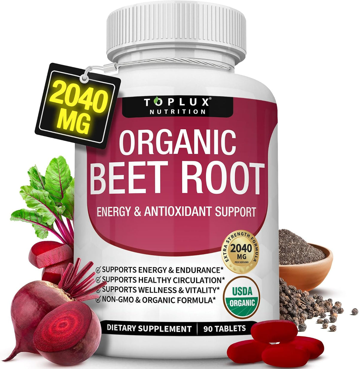 Toplux Organic Beet Root Powder Tablets - 2040mg Natural Nitric Oxide Beets to Support, Energy, Black Pepper Better Absorption, Non-GMO, for Men Women, 90 Tablets